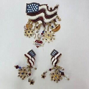 Lunch @ The Ritz LaTR 2GO Flag 4th Earrings & Brooch Pendent Set Mom Baseball